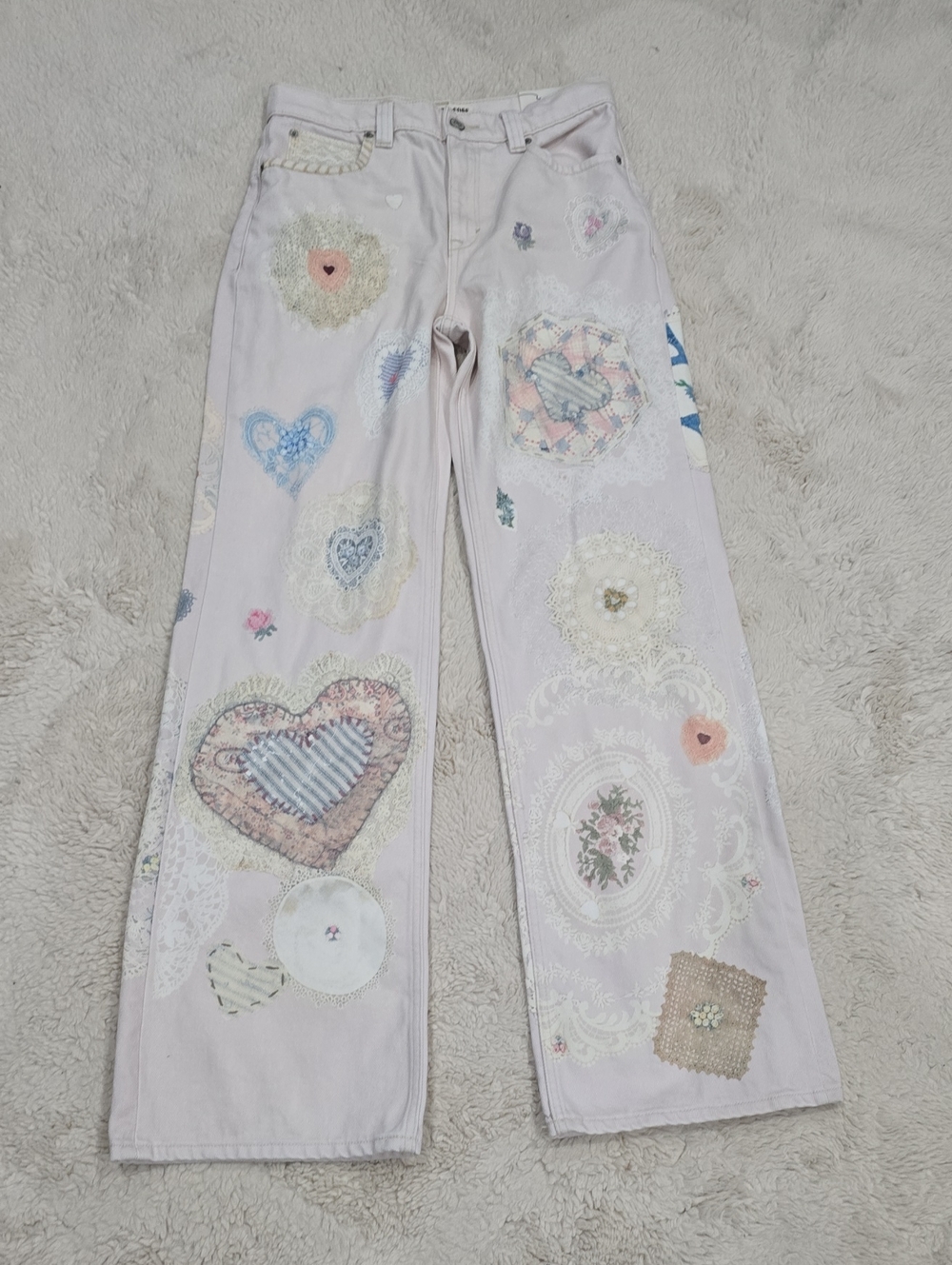 We The Free Patchwork Heart Wide-Leg Jeans in Light Pink